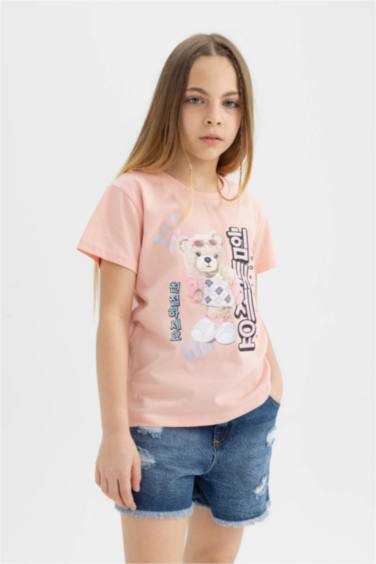 Girl Teddy Bear Printed Short Sleeve T-Shirt