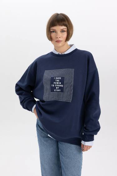 Oversize Fit Crew Neck Slogan Printed Thick Sweatshirt