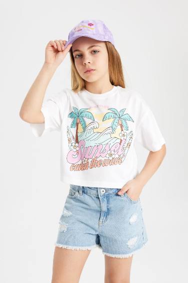 Girl Crew Neck Printed Short Sleeve T-Shirt