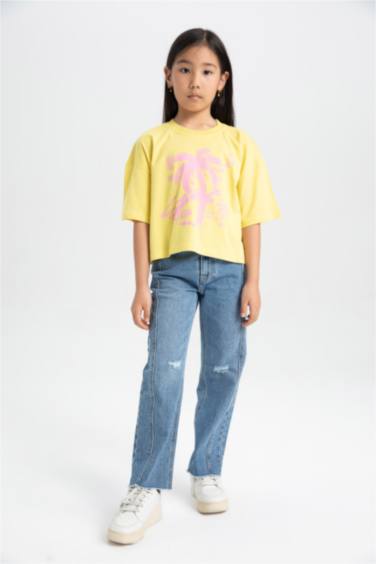 تيشيرت بناتي نص ردن مطبوع وياخة مستديرة