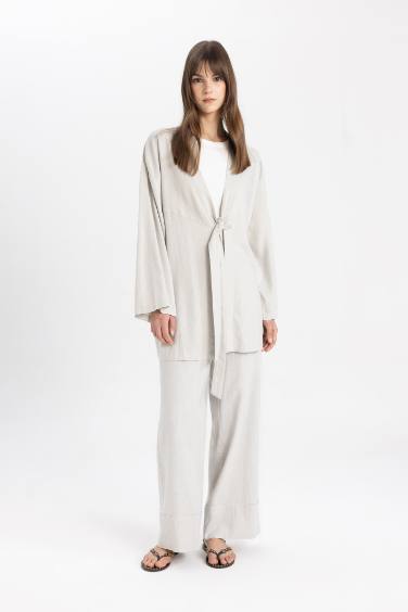 Regular Fit Shawl Collar Linen Blend Kimono