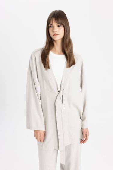 Regular Fit Shawl Collar Linen Blend Kimono