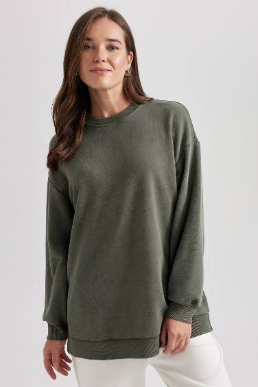 Regular Fit Bisiklet Yaka Basic Düz Sweatshirt Tunik