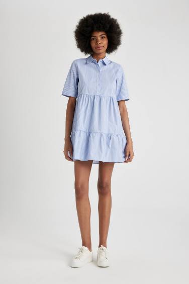 Shirt Collar Striped Poplin Short Sleeve Mini Dress