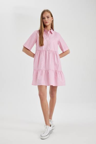 Shirt Collar Striped Poplin Short Sleeve Mini Dress