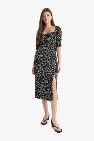 Bodycon Square Collar Floral Midi Dress