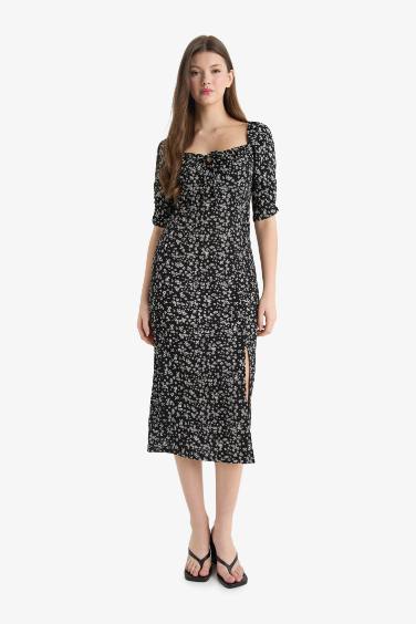 Bodycon Square Collar Floral Midi Dress