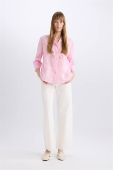 قميص كم طويل تطريز اوفر سايز بياقة قميص