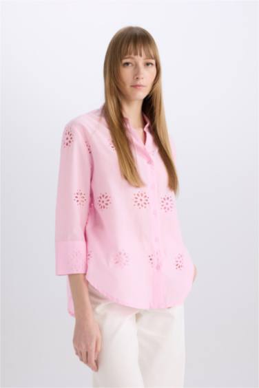 قميص كم طويل تطريز اوفر سايز بياقة قميص