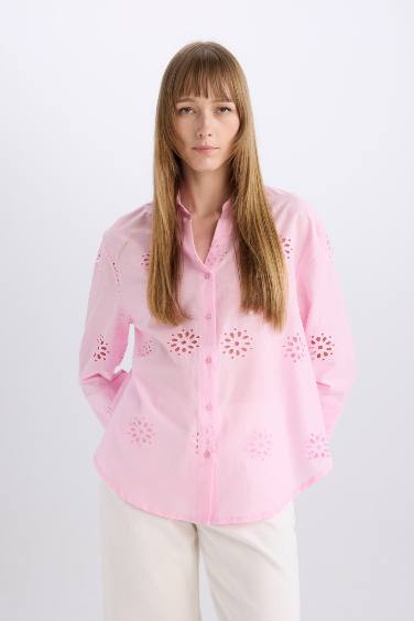 قميص كم طويل تطريز اوفر سايز بياقة قميص