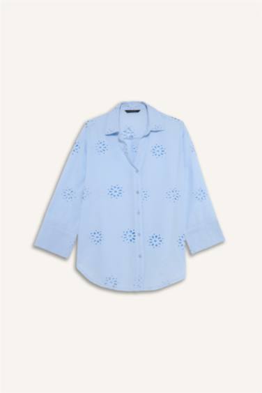 قميص كم طويل تطريز اوفر سايز برقبة قميص