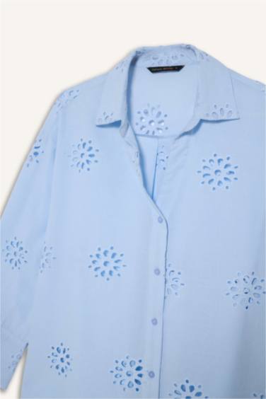 قميص كم طويل تطريز اوفر سايز برقبة قميص