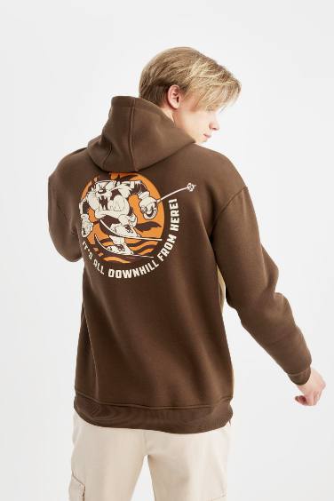 Looney Tunes Boxy Fit Kapüşonlu Sırt Baskılı Cepli Sweatshirt