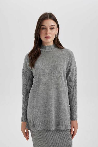 Regular Fit Half Turtleneck Basic Knitted Pullover Tunic