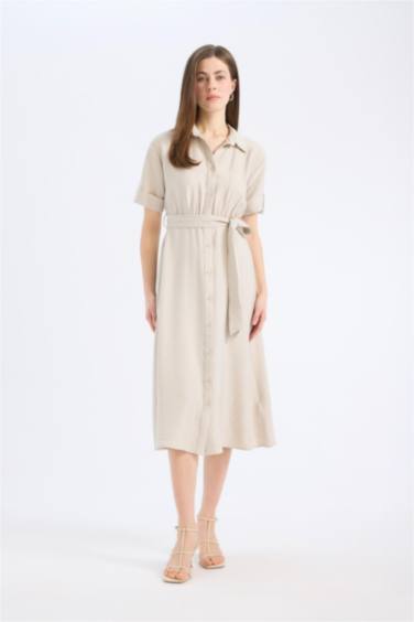 Рубашечный Воротник Короткий Рукав Миди Платье