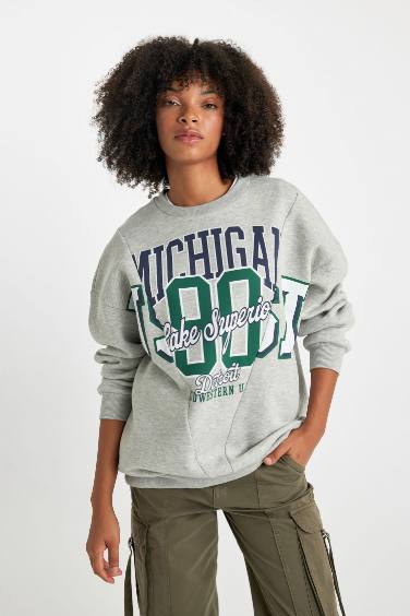 Oversize Fit Crew Neck Printed Thick Sweatshirt