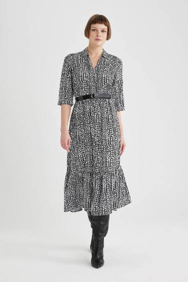 فستان ميدي نص كم بياقة قميص