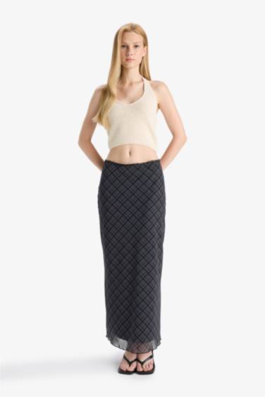 A Cut Patterned High Waist Lined Tulle Maxi Skirt