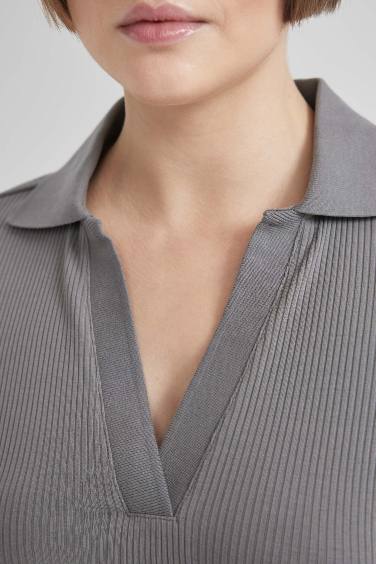 فستان ميدي نص كم مضلع بوديكون بياقة بولو