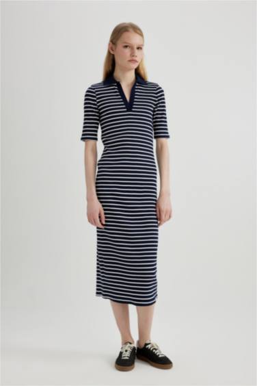 Bodycon Polo Neck Striped Ribbed Camisole Midi Dress