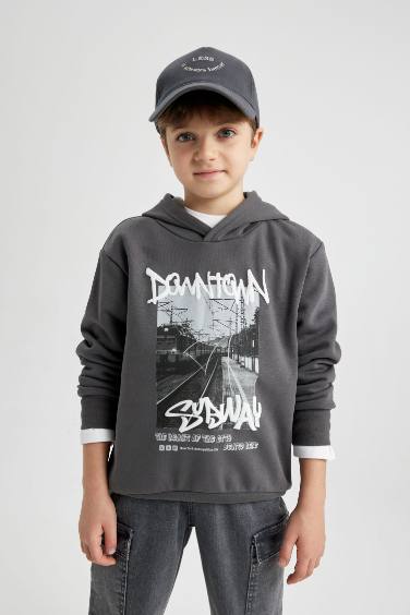 Boy Hooded Printed Thick Sweatshirt