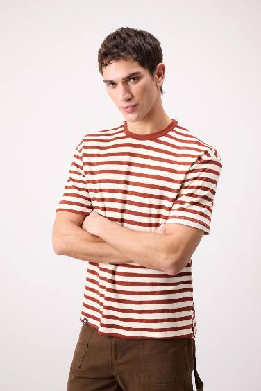 Boxy Fit Crew Neck Striped Short Sleeve T-Shirt