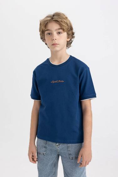 Boy Crew Neck Embroidered Pique Short Sleeve T-Shirt