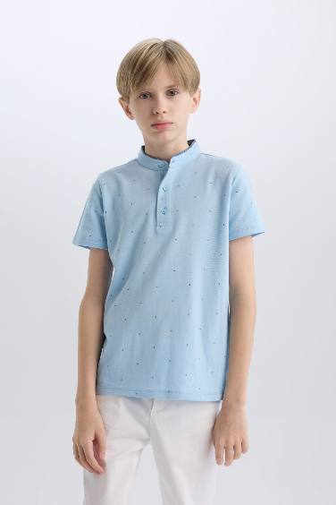 Boy Mandarin Collar Pique Short Sleeve Polo T-shirt