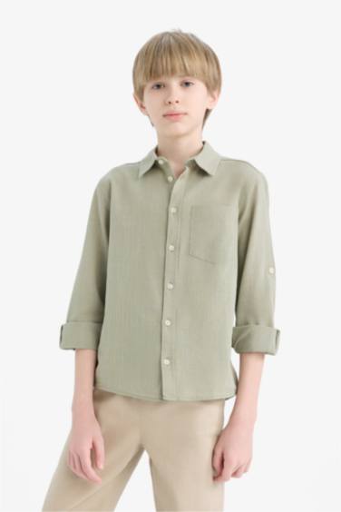 Boy Polo Neck Linen Look Long Sleeve Shirt
