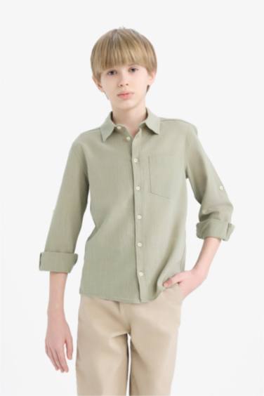 Boy Polo Neck Linen Look Long Sleeve Shirt