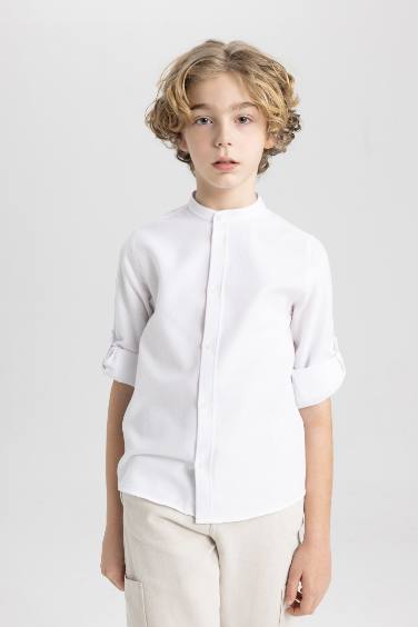 Boy Stand Collar Seersucker Textured Long Sleeve Shirt