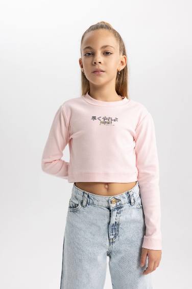Girl Printed Crop Crew Neck T Shirt
