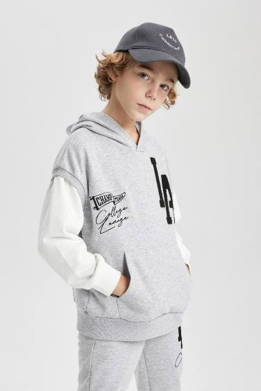 Oversize Geniş Kalıp Nakışlı Kapüşonlu Sweatshirt Erkek Çocuk