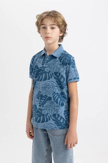 Boy Patterned Pique Short Sleeve Polo T-Shirt