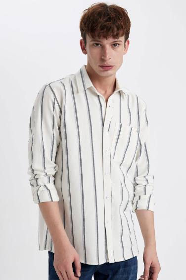 Regular Fit Striped Pocket Detailed Cotton Long Sleeve Shirt