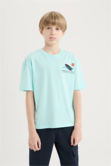 تيشيرت أولاد نص كم اوفر سايز مطبوع برقبة مستديرة