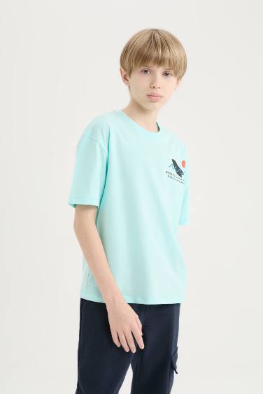 تيشيرت أولاد نص كم اوفر سايز مطبوع برقبة مستديرة