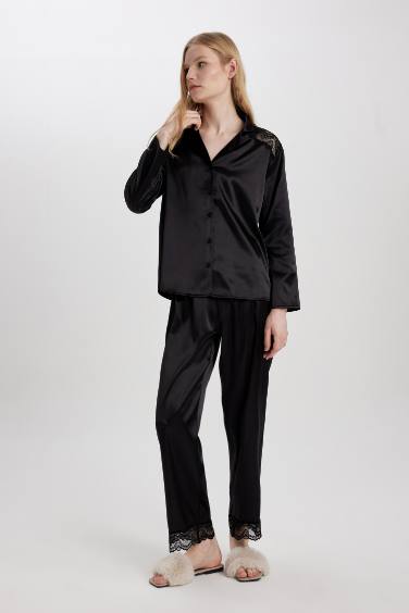 Regular Fit Uzun Kollu Saten Casual Pijama Üstü-Fall in Love