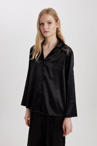 Regular Fit Uzun Kollu Saten Casual Pijama Üstü-Fall in Love