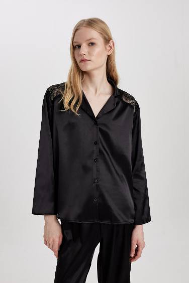 Regular Fit Uzun Kollu Saten Casual Pijama Üstü-Fall in Love