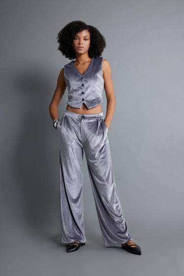 Wide Leg Fleece Pocket Velvet Trousers