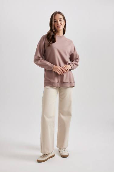 سويت تونيك خفيف وردي قصة عادية بياقة مستديرة ببطانة ناعمة