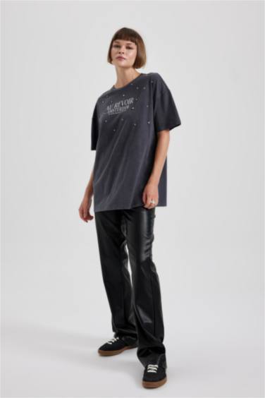 Oversize Fit Bisiklet Yaka Baskılı Penye Kısa Kollu Tişört