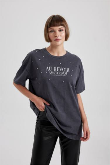 Oversize Fit Bisiklet Yaka Baskılı Penye Kısa Kollu Tişört