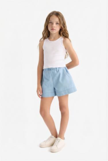 شورت جينز بناتي أزرق بخصر مطاطي