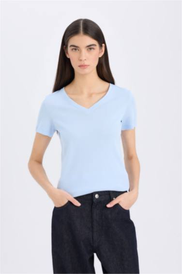 Regular Fit V-Neck Ribana Short Sleeve T-Shirt