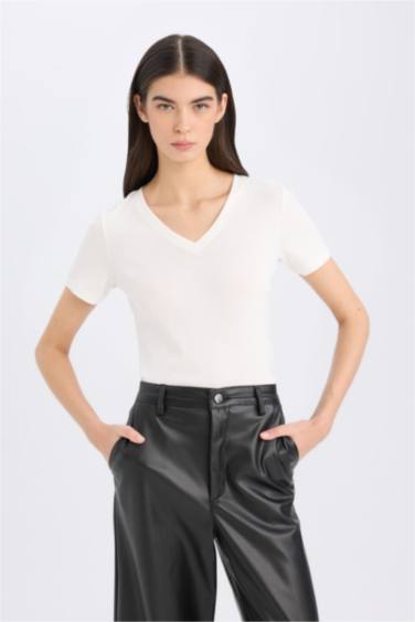 Regular Fit V-Neck Ribana Short Sleeve T-Shirt