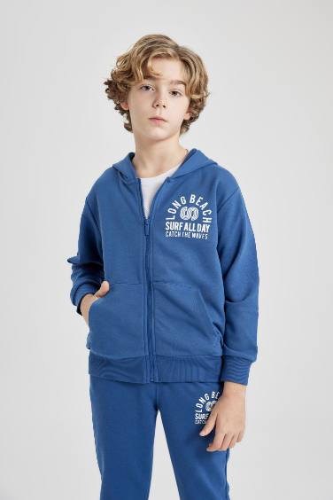 Boy Hooded Printed Zippered Basic Sweatshirt