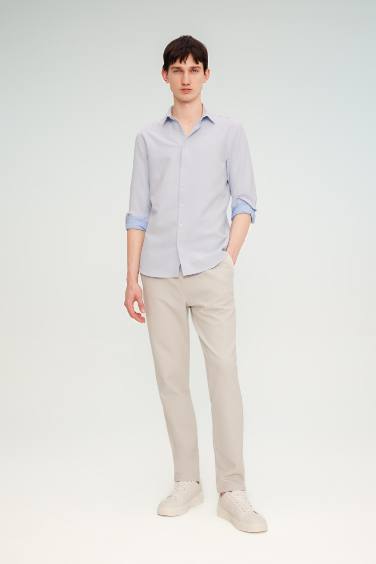 Slim Fit Polo Collar Honeycomb Textured Long Sleeve Shirt