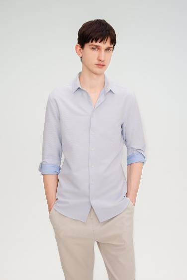 Slim Fit Polo Collar Honeycomb Textured Long Sleeve Shirt